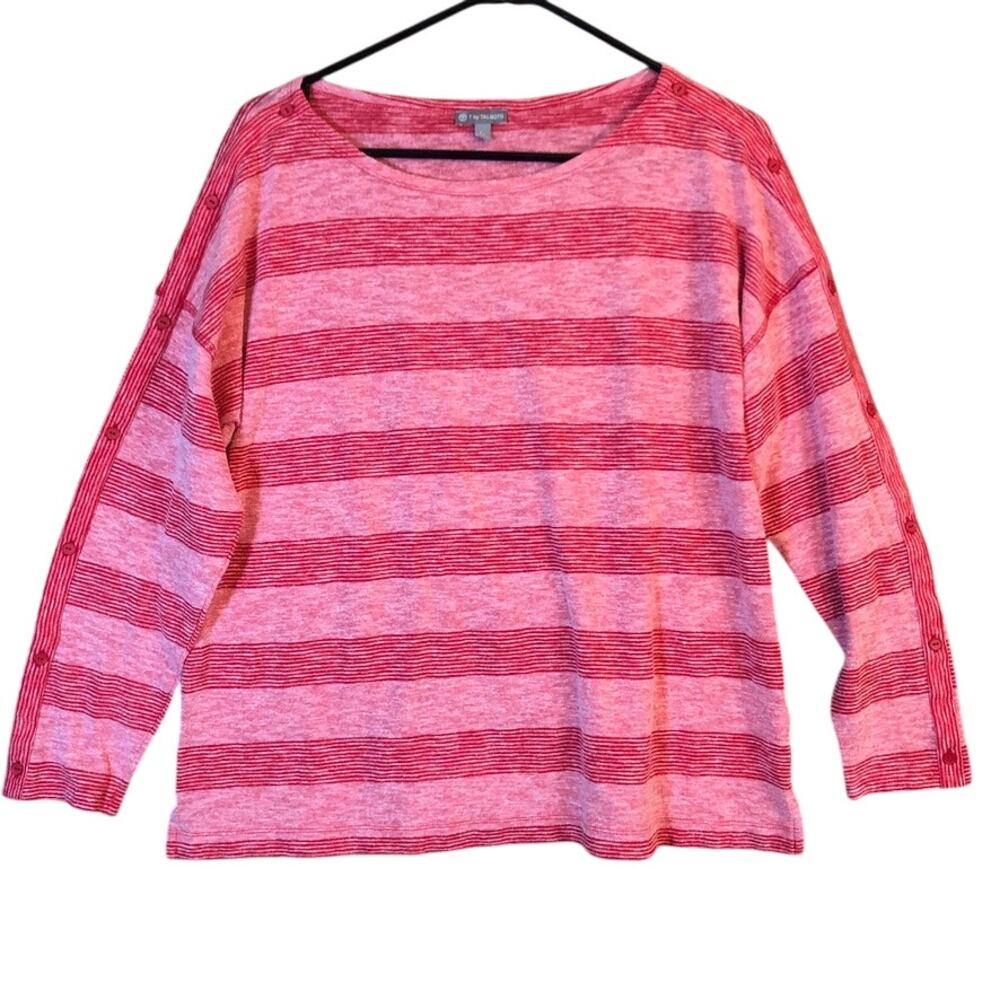 T by Talbots Womens Shirt Pink Striped Petite 3/4 Sleeve Boat Neck Stretch LP
